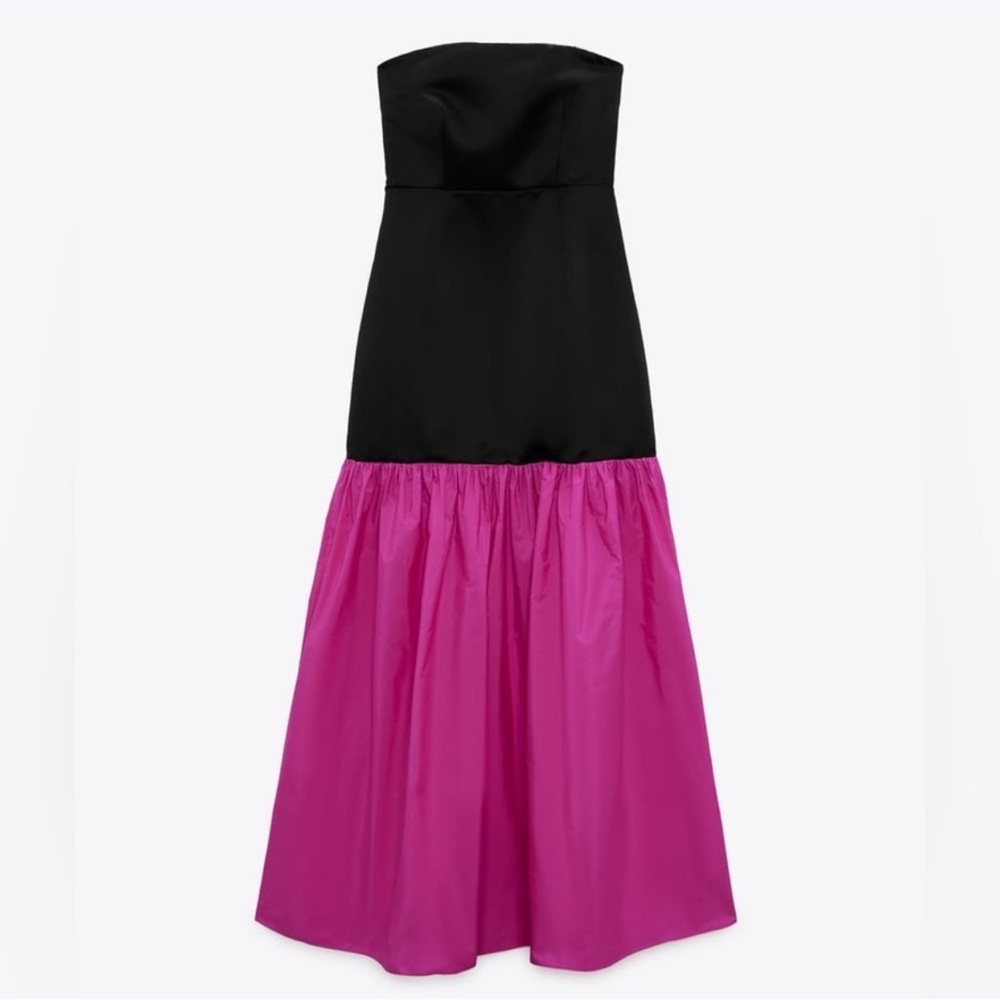 ZARA RHINESTONE FLARED HEM LONG CONTRAST DRESS BLACK FUCHSIA